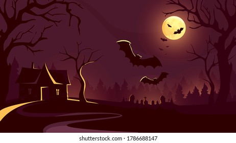 Halloween background with house and flying bats. Scary night scene.