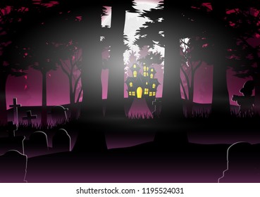 Halloween background with house in the forest