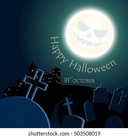 Halloween background with house, grave, graveyard, tomb, tombstone, moon as pumpkin. Happy halloween theme, card, banner. Vector illustration.