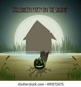 Halloween Background with  house, moon and pumpkin. Happy halloween greeting card. Vector illustration.