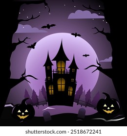 halloween background with house, pumpkin. Haunted castle stands ominously under the full moon with carved pumpkins with wicked grins glow faintly