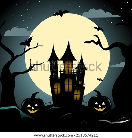 halloween background with house, pumpkin. Haunted castle stands ominously under the full moon with carved pumpkins with wicked grins glow faintly
