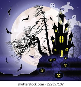 Halloween background with house, pumpkins, trees, full moon and bats.