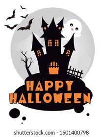 Halloween background. House of terror with full moon in the background, bats and ghost