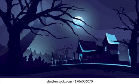 Halloween Background With House Under Moonlight. Scary Night Scene.