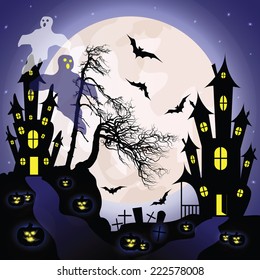 Halloween background with houses, pumpkins, trees, moon and bats.