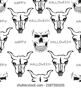 Halloween background with human and cow skull pattern drawn black color on white paper with inscription happy Halloween. Halloween concept. Set with scary and angry skeleton.