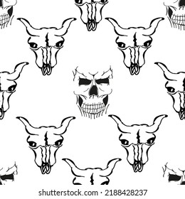 Halloween background with human and cow skull pattern drawn black color on white paper. Halloween concept. Set with scary and angry skeleton.