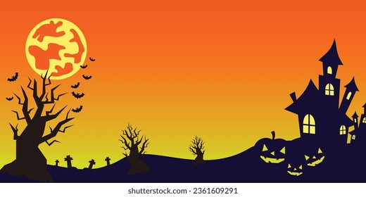 halloween background with icons of pumpkin, tree, castle, moon and copy space area. vector for banner, poster, greeting card, social media.