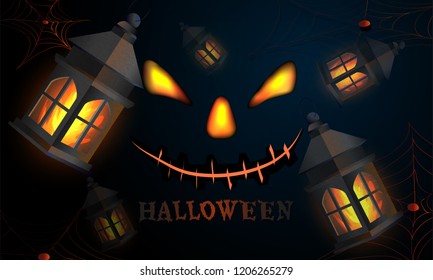 Halloween background with illuminated lanterns and scary face. Can be used as greeting card design.