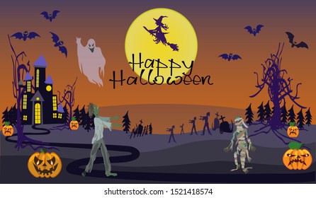 Halloween background illustration. Characters-mummy, zombie, witch, Ghost go to a party in the full moon.