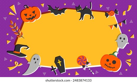 Halloween background illustration with copy space featuring pumpkins, ghosts, and candies