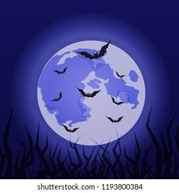 Halloween background with illustration of flying bats over moon. vector illustration