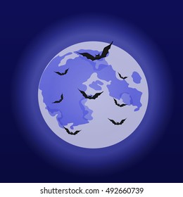 Halloween background with illustration of flying bats over moon. vector illustration