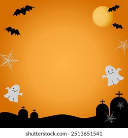 halloween background illustration with moon, ghost, bats, and graveyard elements