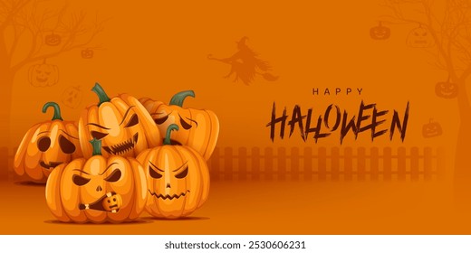 halloween background illustration with pumpkin, bats, witch silhouette on yellow and orange background