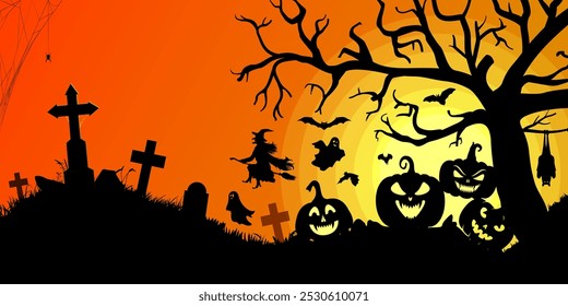 halloween background illustration with pumpkin, bats, witch silhouette on yellow and orange background