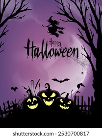 halloween background illustration with pumpkin, bats, witch silhouette on yellow and orange background