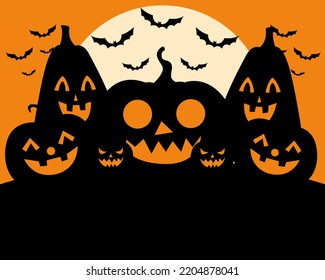 Halloween Background Illustration with Pumpkin and Flying Bat. Halloween Background with Silhouette Pumpkin Monsters