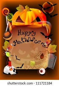 Halloween background illustration with pumpkin and old paper, vector