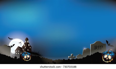 Halloween background illustration with pumpkins, graveyard and dark castle. EPS 10 vector.