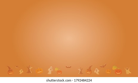 Halloween background illustration of a row of pumpkins, ghosts, and bats.
