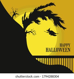 Halloween background illustration with silhouette of flying witch and spooky tree on cliff