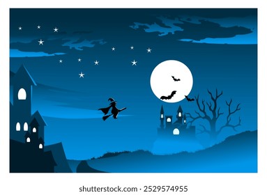 
Ilustración de fondo de Halloween con la silueta de una bruja que vuela sobre un castillo con los murciélagos que vuelan en el cielo, conveniente para el fondo, cartel, decoración de la pared.