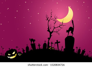 Halloween background illustration in simple style. Consist tree, skulls, cats, moon, grass, pumpkins and calm eerie night sky backdrop.