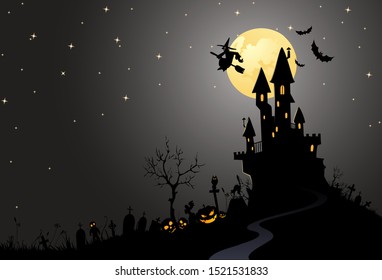 Halloween background illustration in simple style. Consist owl, tree, skulls, bats, moon, castle, pumpkins, witch and calm eerie night sky backdrop.