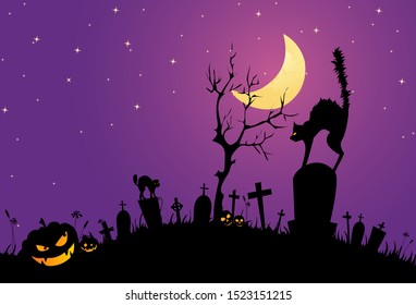 Halloween background illustration in simple style. Consist tree, skulls, cats, moon, grass, pumpkins and calm eerie night sky backdrop.