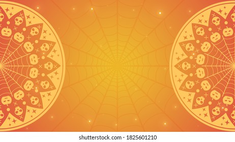 Halloween background illustration. Skulls and pumpkins on orange gradient color.