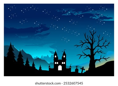 
Ilustración de fondo de Halloween de un castillo espeluznante con una silueta de cementerio y un cielo nocturno claro. adecuado para fondos, cubiertas, anuncios, decoraciones de pared.