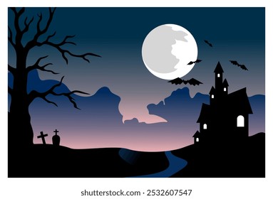 
Ilustración de fondo de Halloween de un castillo espeluznante con una silueta de cementerio y un cielo nocturno claro. adecuado para fondos, cubiertas, anuncios, decoraciones de pared.