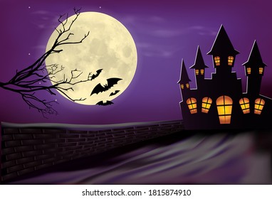 halloween background, illustration vector house under moon light.