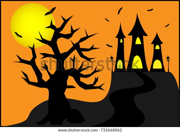 Halloween background.-\
Illustration,Halloween, Sky, Full Moon, Animated Cartoon, Autumn,\
House