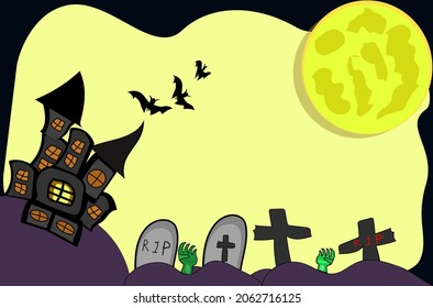 halloween background include bat fly from castle to yellow moon over cemetary or tombstone graveyard and spooky ghost hand out of ground,template
