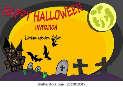halloween background include bat fly from castle to yellow moon over cemetary or tombstone graveyard and ,blank template