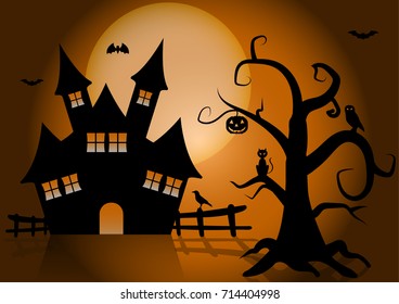 Halloween  background include castle, pumpkin, bat