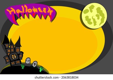 Halloween Background Include Spooky Castle And Yellow Moon Over Cemetary Or Tombstone Graveyard And Ghost Hand From Ground ,blank Template