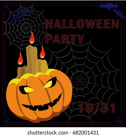 Halloween background for invitation card: pumpkin, nets and bats on black