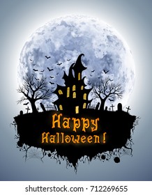 Halloween background for invitation with hunted castle, full moon and grunge design elements, EPS 10 contains transparency, file organized in layers. 