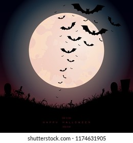 Halloween background. Invitation for party. Mix of Various Spooky Creatures, Moon. Halloween night vector illustration. Halloween background with scary graveyard. 