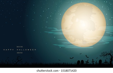 Halloween background. Invitation for party. Mix of Various Spooky Creatures, Moon. Halloween night vector illustration. Halloween background with scary graveyard.