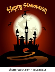 Halloween Background or Invitation Poster. Dark castle and Flying bat with wording Happy Halloween. Vector Illustration.