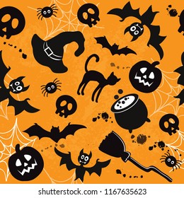 Halloween background with halloween items on a orange background seamless pattern