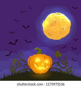Halloween background with Jack O Lantern. Pumpkin on Night Background with full Moon and Bats, illustration.