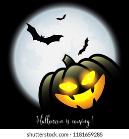 Halloween background of A Halloween Jack O Lantern with flying bats on full moon sky and Halloween is coming text. Vector illustration.