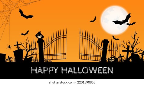 Halloween background of Jack O Lantern in creepy graveyard with spider on cobweb and flying bats on full moon sky background and Happy Halloween text design for Invitation to party or greeting card