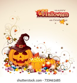 Halloween Background with Jack O' Lantern, Pumpkin Basket full of Corns, Autumn Leaves, Candles and lots of Different Sweet Candies